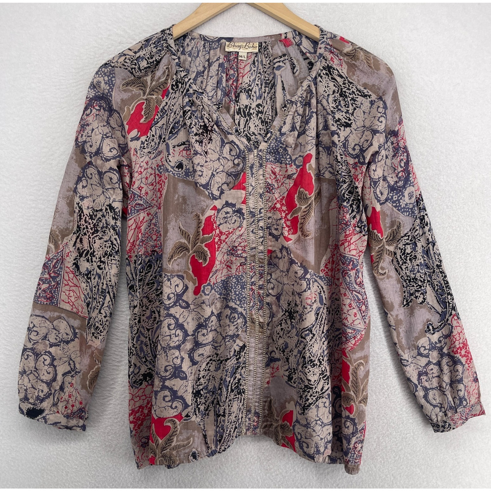 BHAGS BOHO Top Womens M L Printed Blouse Shirred V-Neck Long Sleeve Gray